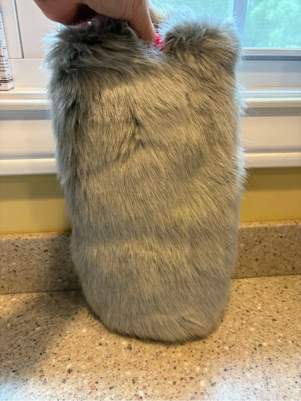 Restoration Hardware (RH) Ultra Faux Fur Wine Bag With Leather Tie, NWT, Fog